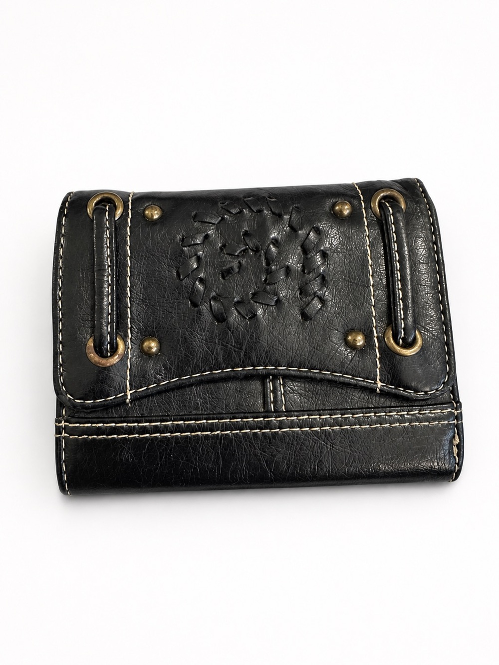 Black Faux Leather Whipstitch Wallet Y2K Boho Western Snap Coin Purse Wallet